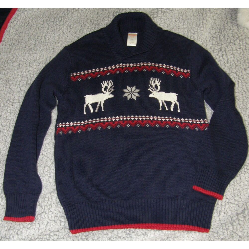 Boys Sz Medium (7-8) Navy Blue Fair Isle Moose Stretchy Cotton Sweater GYMBOREE